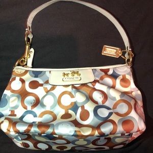 Coach blue,brown & white satin monogram purse.